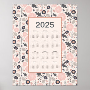 2025 Voljaar Kalender Roze Grijs Botanisch Poster