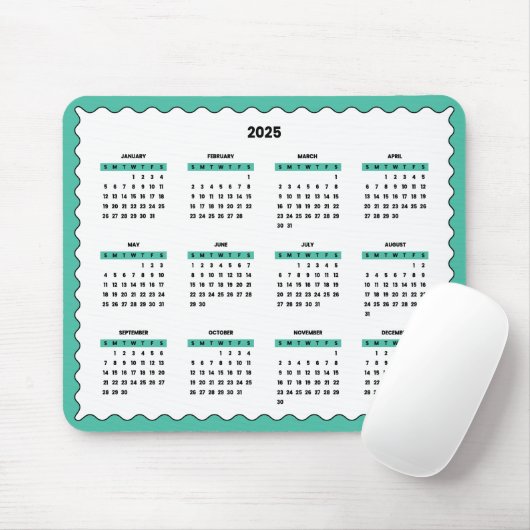 2025 Volledige jaarkalender Wavy Emerald Green Muismat (Met muis)