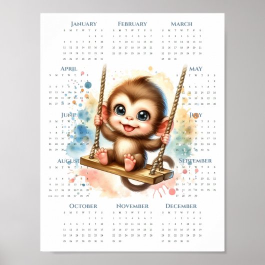 2026 1-pagina kalender Cute Monkey op schommel Jun Poster (Voorkant)