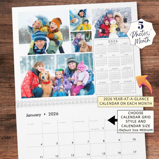 2026 5 foto's per maand en 2026 jaar in een oogops kalender