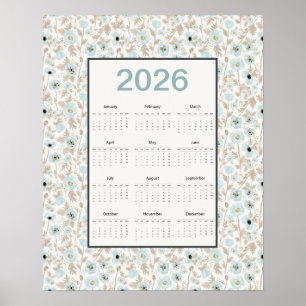 2026 Agenda Hele Jaar Blauwe Crème Klaprozen Poster
