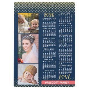 2026 Agenda Navy Koraal Goud Familie Fotocollage Klembord