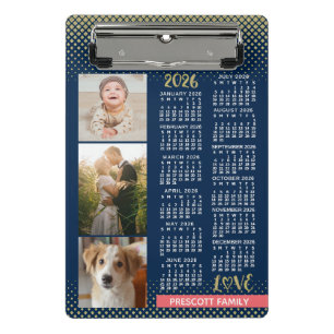 2026 Agenda Navy Koraal Goud Familie Fotocollage Mini Klembord