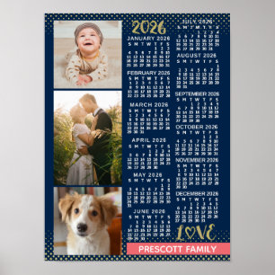 2026 Agenda Navy Koraal Goud Familie Fotocollage Poster