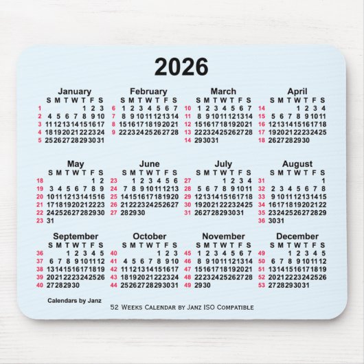 2026 Alice Blue 52 weken ISO-kalender van Janz Muismat (Voorkant)
