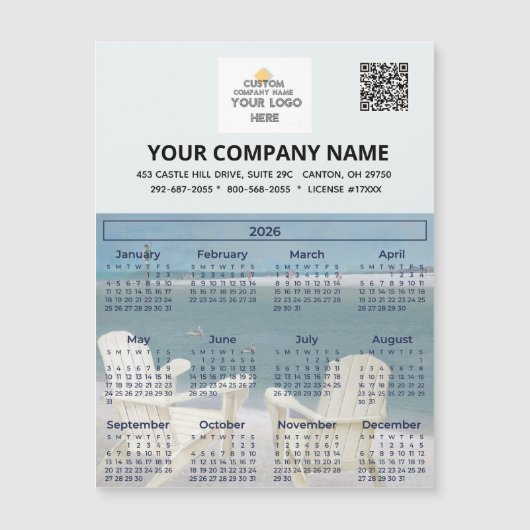 2026 Beach Magnet Calendar Business Logo Code QR (Devant)