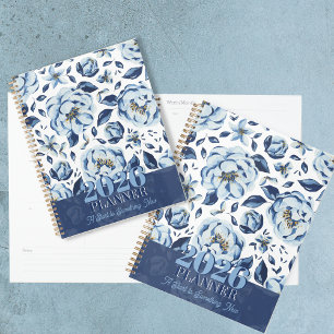 2026 Blauwe Aquarel Bloemige Start van Iets Niews Planner