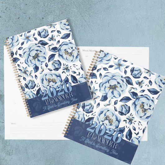 2026 Blauwe Aquarel Bloemige Start van Iets Niews Planner