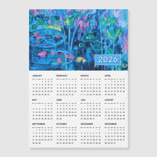 2026 Blauwe Bloemen Abstracte Magnetische Kalender (Voorkant)