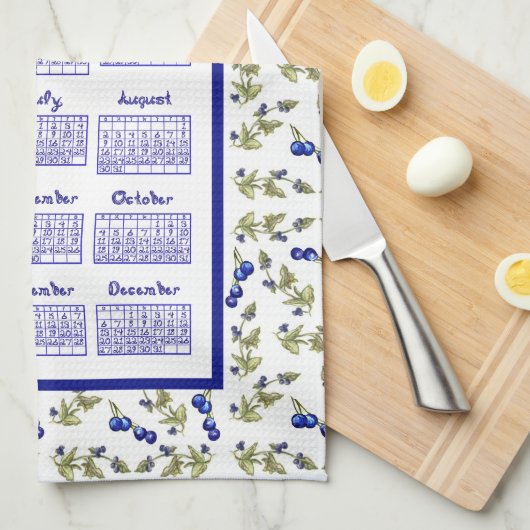 2026 Calendar Blueberries Stem Leaves White Theedoek (Quarter Fold)