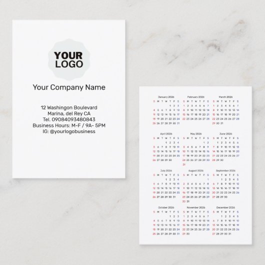 2026 Calendar Business Card - SUNDAY Vertical Visitekaartje (Voorkant / Achterkant)