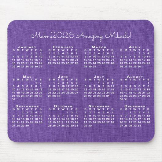 2026 Calendar Custom Name Purple Linen Photo Muismat (Voorkant)