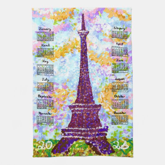 2026 Calendar Eiffel Tower Pointillism Landscape Theedoek (Verticaal)