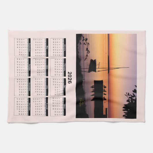 2026 Calendar of a Sunset on Lake with Silhouette Theedoek (Horizontaal)