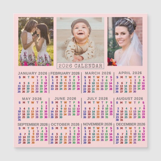 2026 Calendar Pink Family Photo Collage Magnet (Devant)