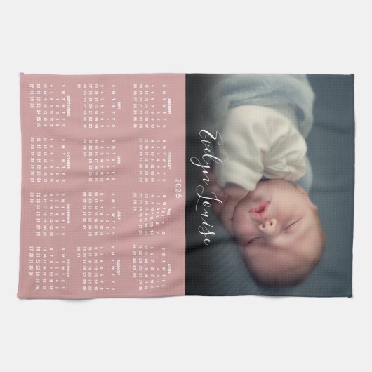 2026 Calendar Script Name Photo Dusty Rose Pink Theedoek (Horizontaal)