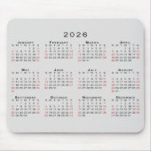 2026 Calendar Simple Gray Black Red Muismat (Voorkant)