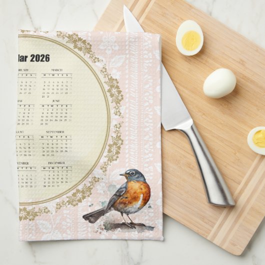 2026 Calendar Towel Robin Bird Peach Damask Theedoek (Quarter Fold)