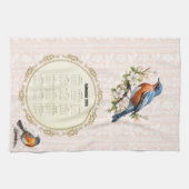 2026 Calendar Towel Robin Bird Peach Damask Theedoek (Horizontaal)