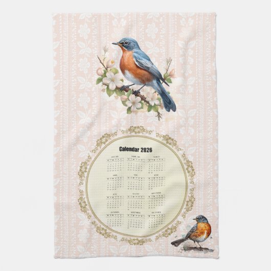 2026 Calendar Towel Robin Bird Peach Damask Theedoek (Verticaal)