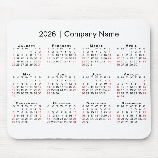 2026 Calendar with Company Name on White Muismat (Voorkant)