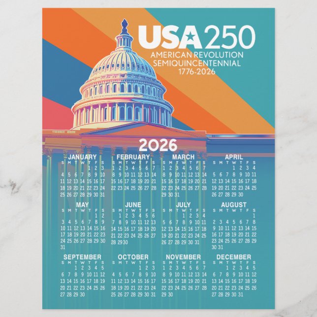 2026 Calendar with USA 250 Capital Dome America Briefhoofd (Voorkant)