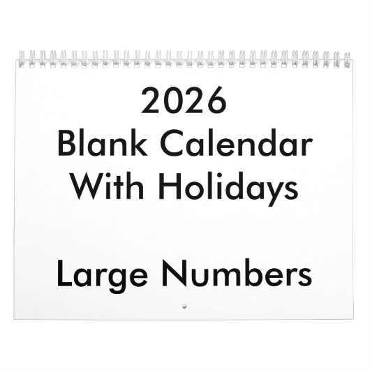 2026 Calendrier Blanc Avec Vacances Nombres Grands (Protection)