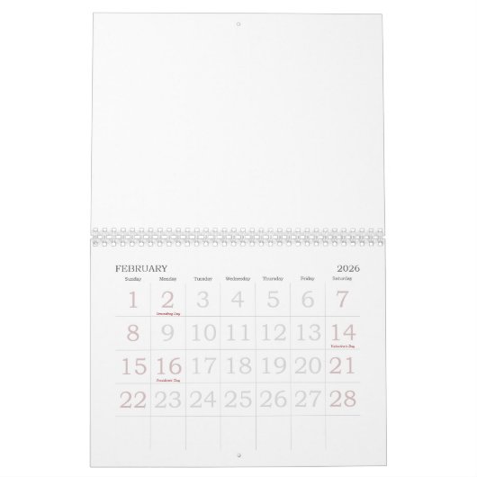 2026 Calendrier Blanc Avec Vacances Nombres Grands (Feb 2026)