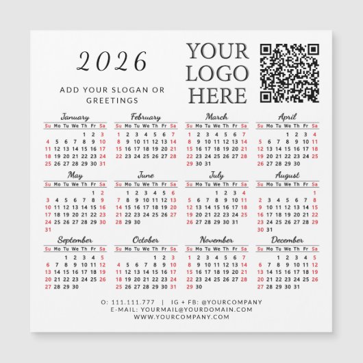 2026 Calendrier Magnet Business QR Code Entreprise (Devant)
