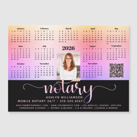 2026 Calendrier Noir Noir Rose QR Code Magnet (Devant)