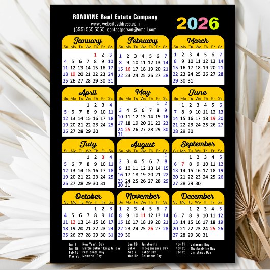 2026 Calendrier US Holidays Simple Business Magnet