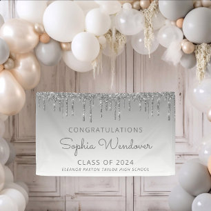 2026 Chic Zilveren Glitter Drip Afstuderen Spandoek
