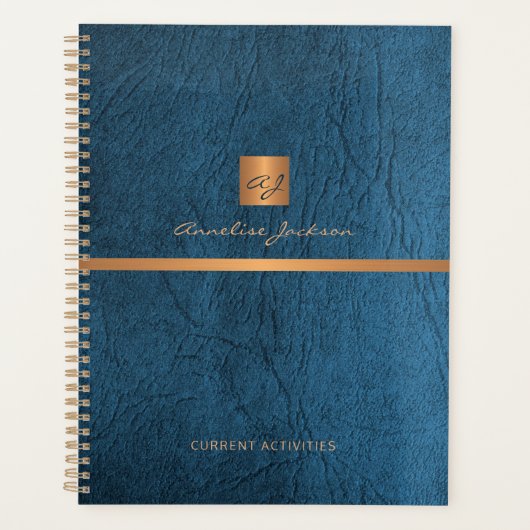 2026 Classy elegant blauw leer goud monogrammed Planner (Voorkant)