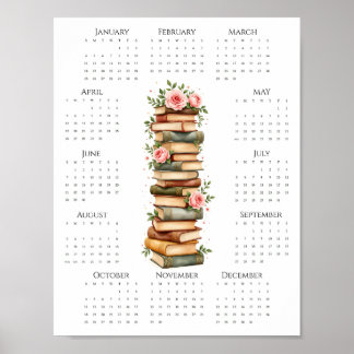 2026 Eenpagina-kalender Vintage Boeken & Roze Roze Poster