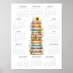 2026 Eenpaginaklender Gestapelde Boeken en Zonnebl Poster