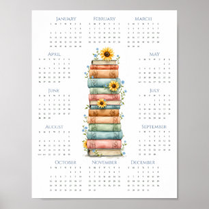 2026 Eenpaginaklender Gestapelde boeken Lichtblauw Poster