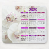 2026 Elegante Witte en Paarse Orchideeën Kalender Muismat (Voorkant)