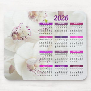 2026 Elegante Witte en Paarse Orchideeën Kalender Muismat