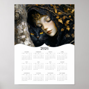 2026 Fantasy Lady Cat Kalender voor hele jaar aan  Poster