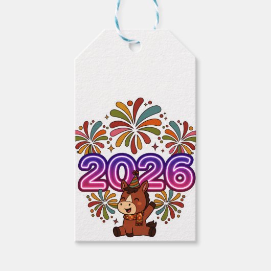 2026 Fireworks & Party Horse – Vibrant New Year Ce Cadeaulabel (Voorkant)