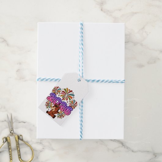 2026 Fireworks & Party Horse – Vibrant New Year Ce Cadeaulabel (Met Touw)