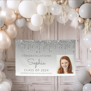 2026 Foto Zilveren Glitter Drip Afstuderen Spandoek