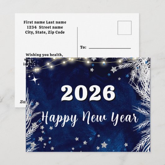 2026, Gelukkig Nieuwjaar! Blauwe vakantie Vrolijk Briefkaart (Voorkant / Achterkant)