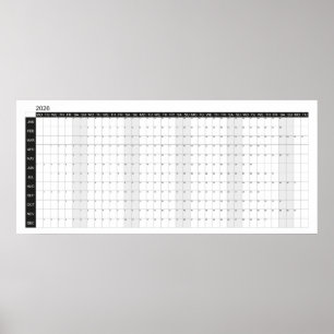 2026 Grote Muur Zwart en Wit Planner Poster