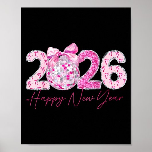 2026 Happy New Year Bow Patch Disco Ball Poster (Voorkant)
