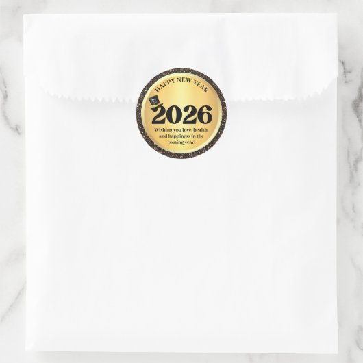 2026 happy new year, gold black sparkles ronde sticker (Tas)