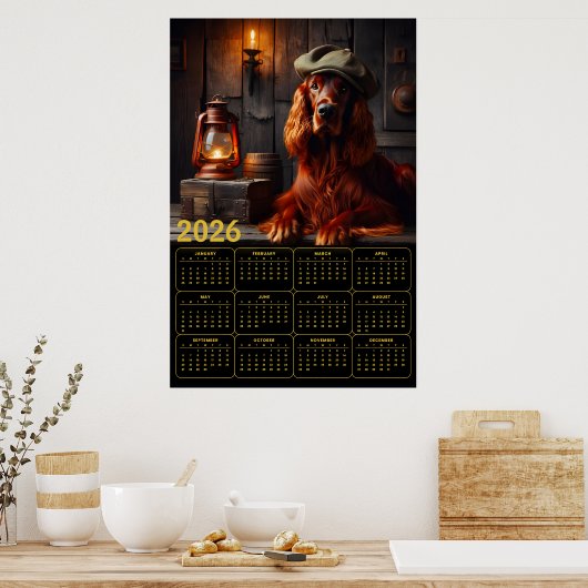 2026 Irish Setter in Green Beret Rustic Calendar Poster (Keuken)