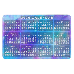 2026 Jaar Maandkalender Blauwe Waterverf Sterren Magneet
