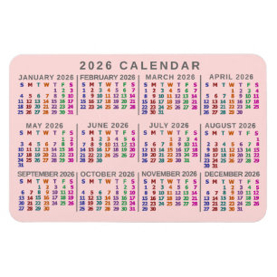 2026 Jaar Maandkalender Blush Roze Kleurrijk Magneet