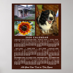 2026 Jaar Maandkalender Hout Aangepast 3 Foto's Poster